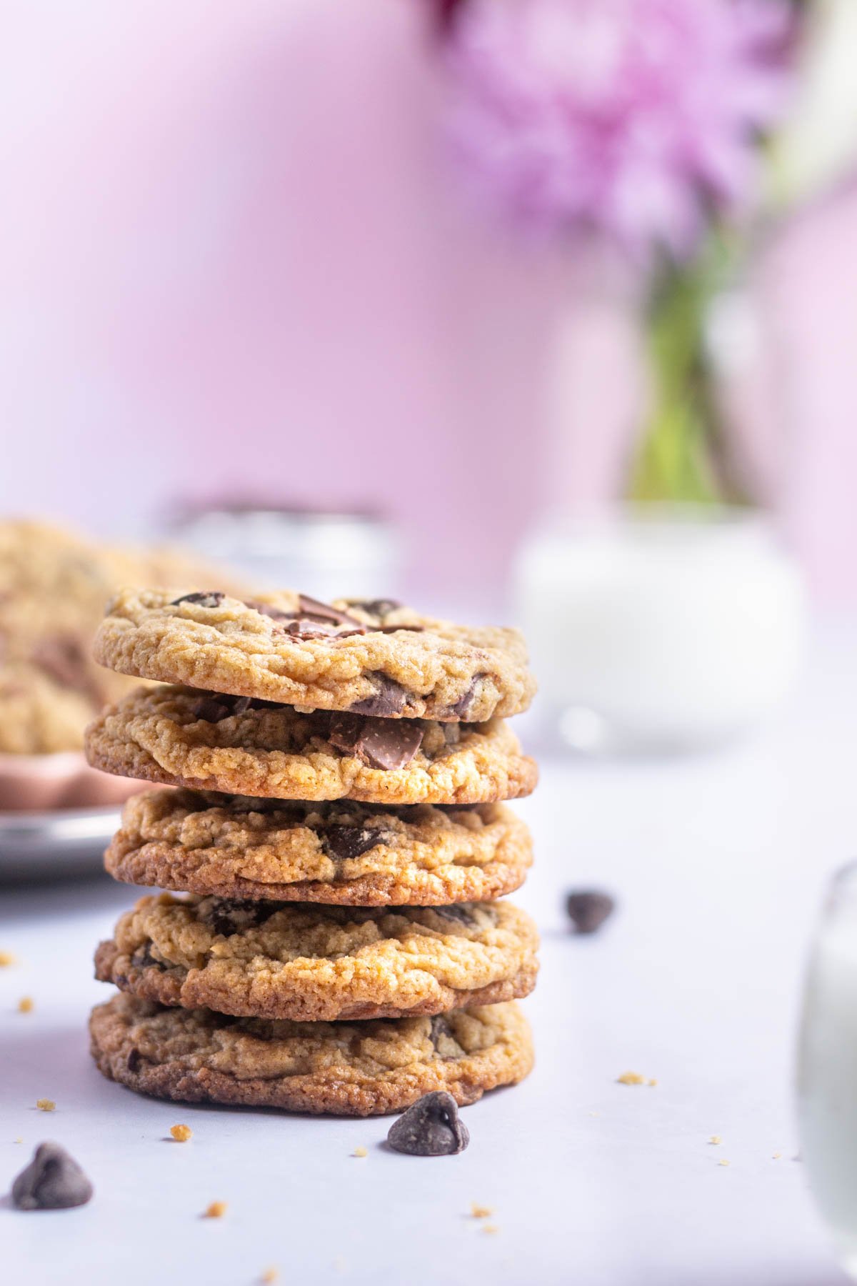 stack of egg free chocolate chip cookies