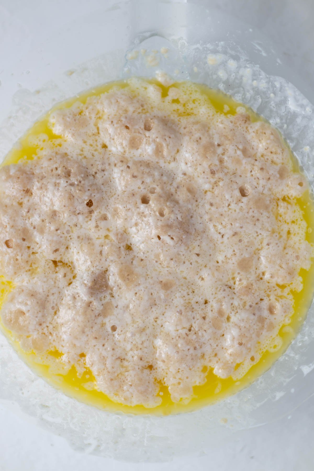 activated yeast with sugar, milk and melted butter in a mixing bowl