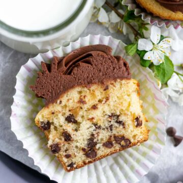 Chocolate chip cupcake cut in half showing the inside texture.