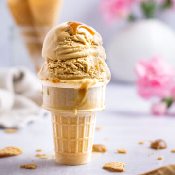 double scoop of butterscotch ice cream in a cone