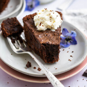 slice of brownie pie with whipped cream on a plate with a fork