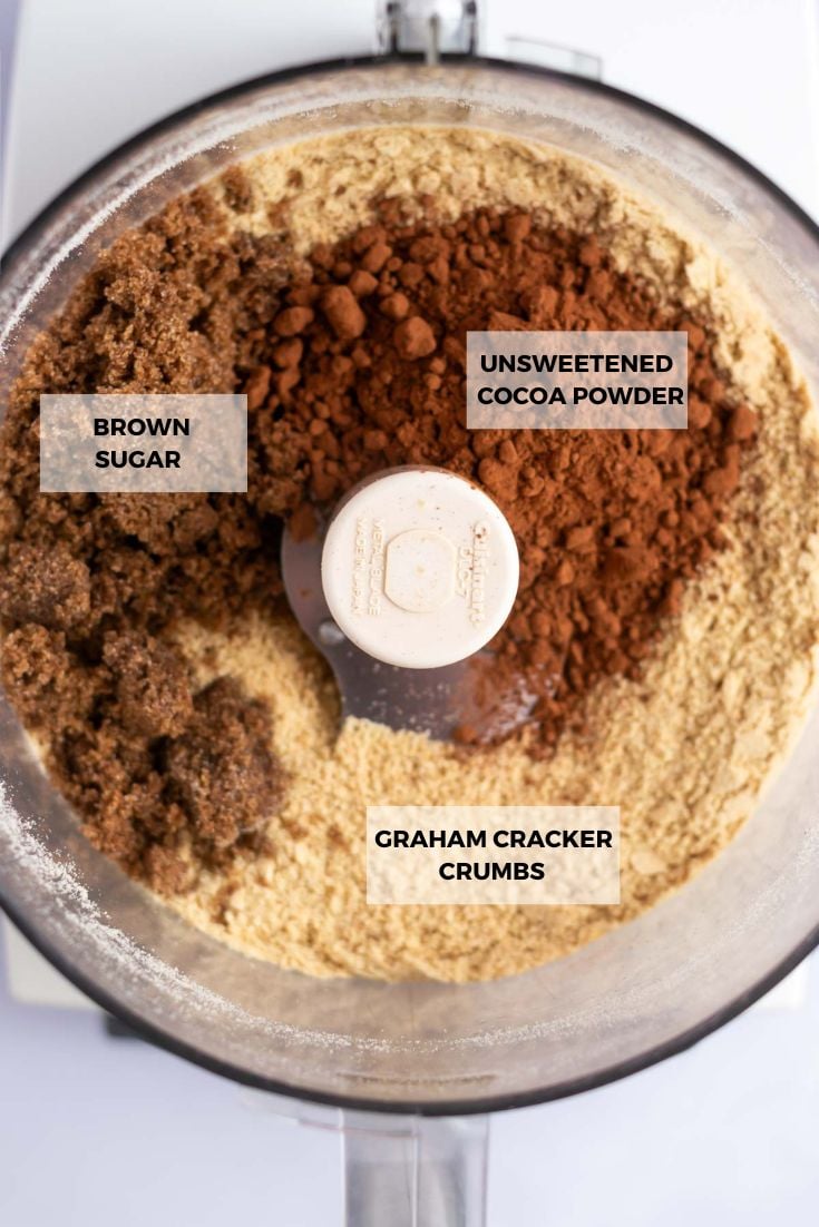 ingredients for chocolate graham cracker crust in a food processor bowl