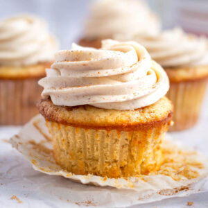 cinnamon cupcake with the wrapper pulled off