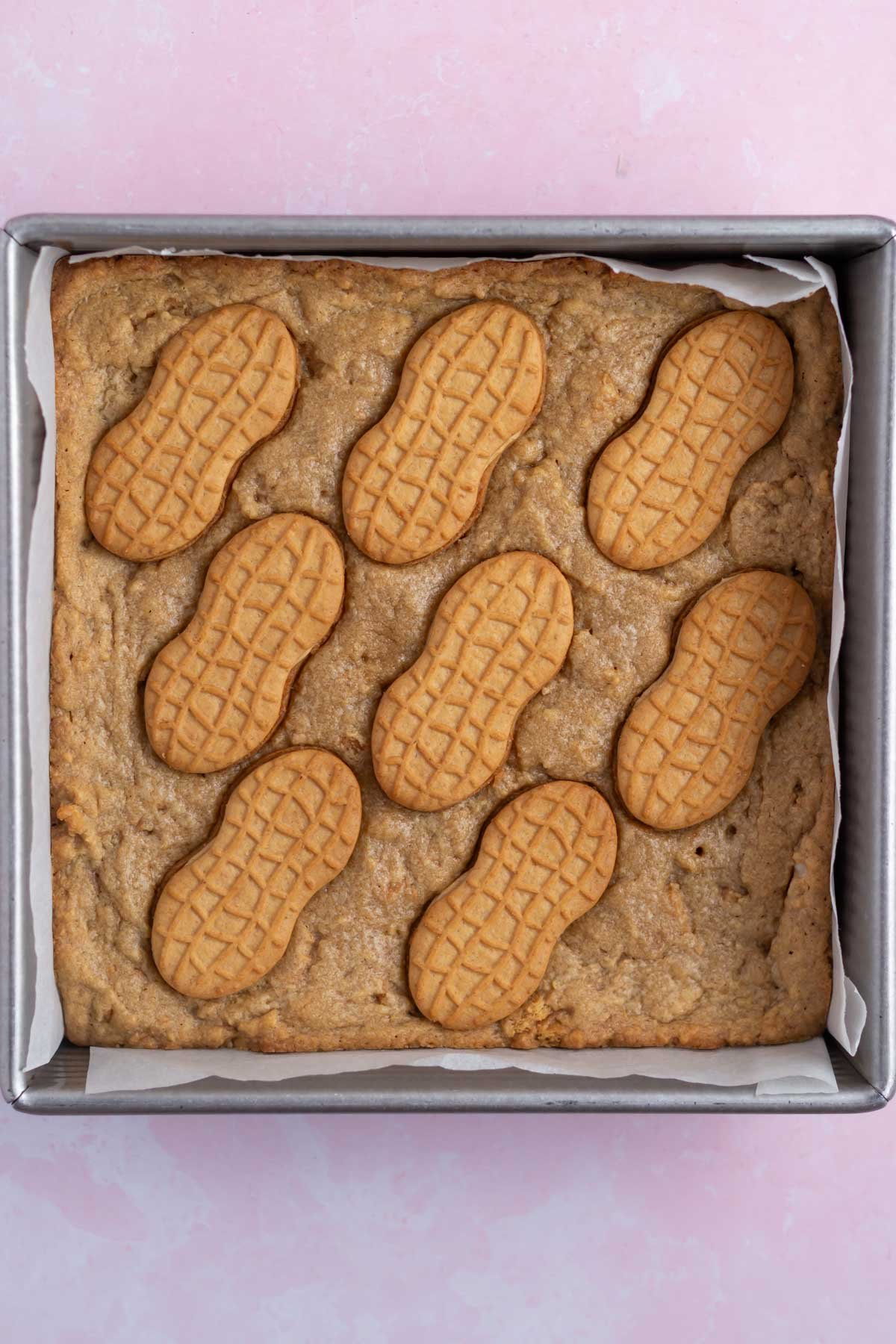 baked nutter butter bars in a baking pan