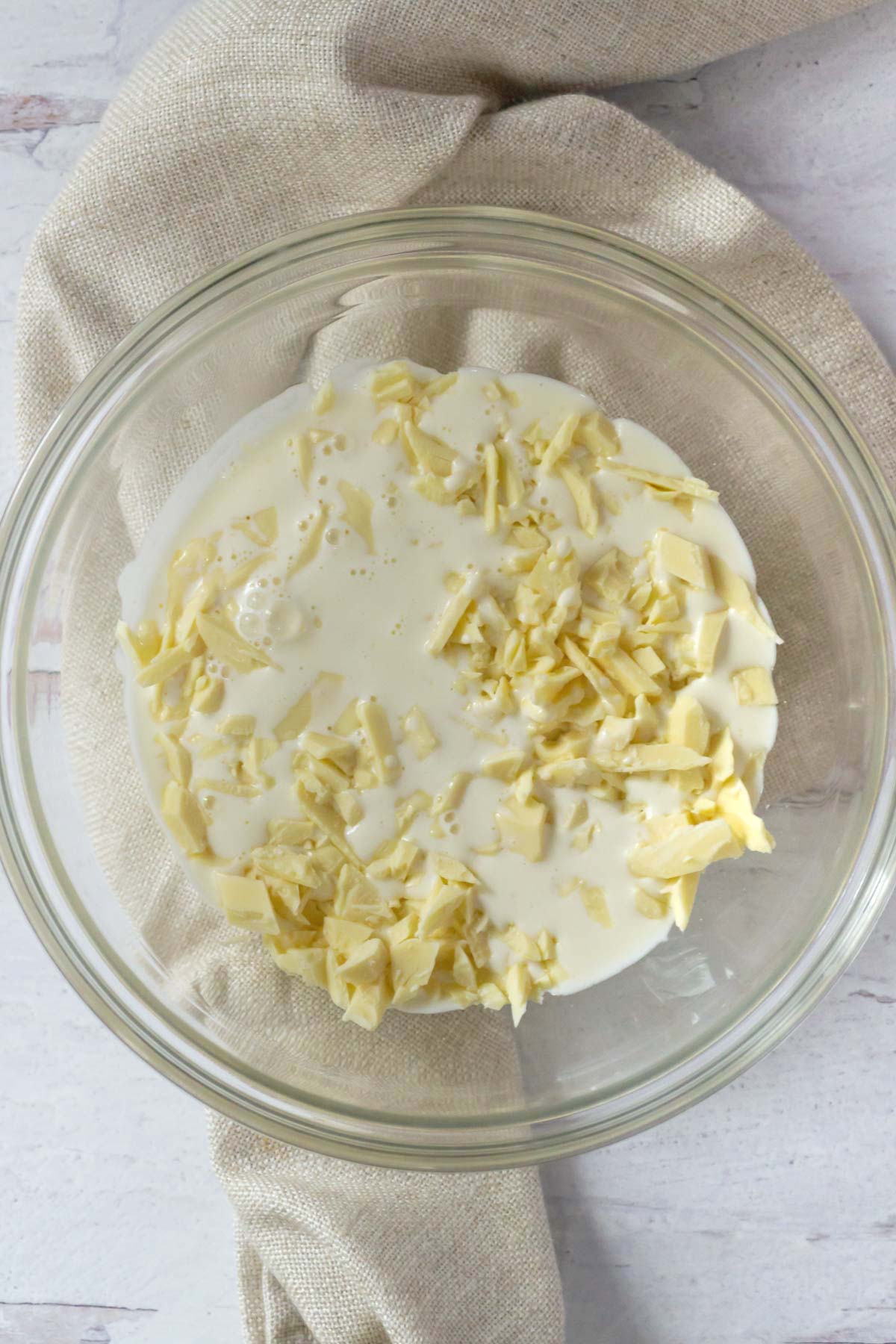 chopped white chocolate and cream in a mixing bowl