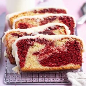 slices of Starbucks red velvet loaf on a cooling rack