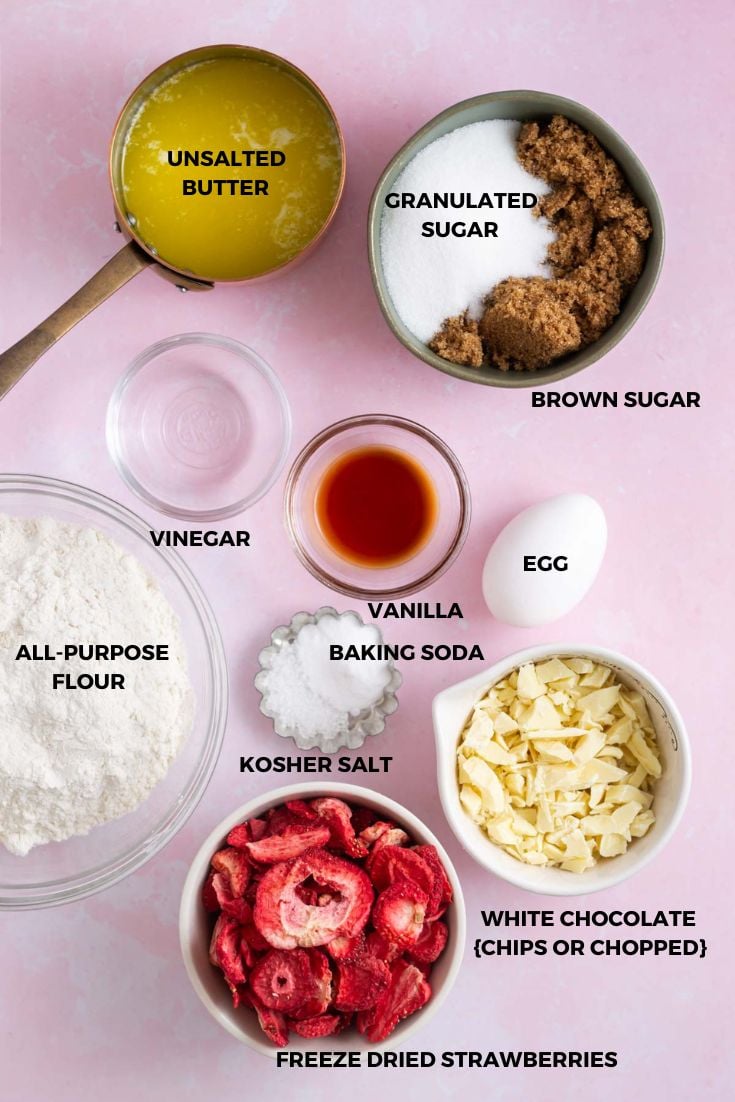ingredients for strawberry white chocolate chip cookies