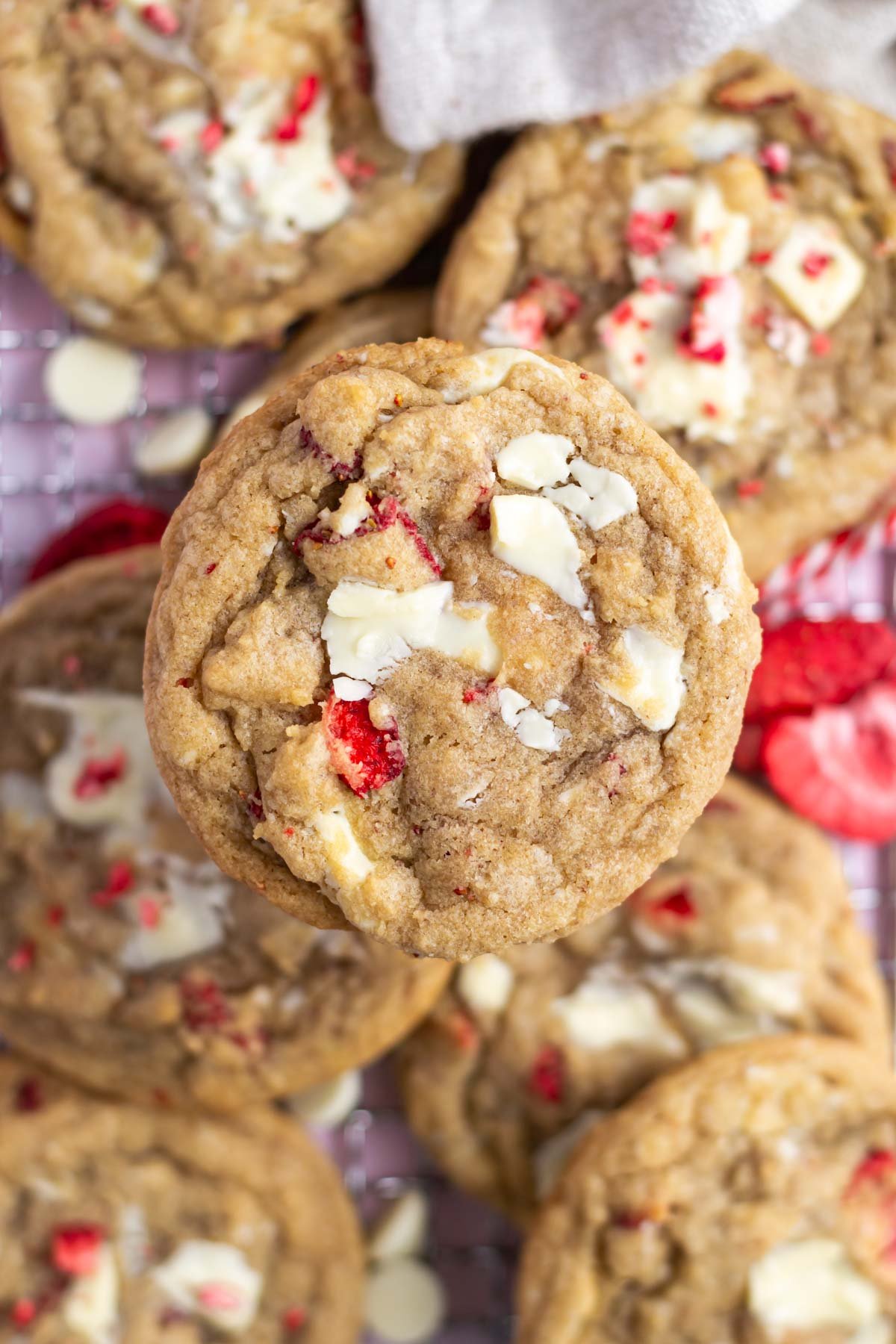 up close look at a strawberry white chocolate chip cookie