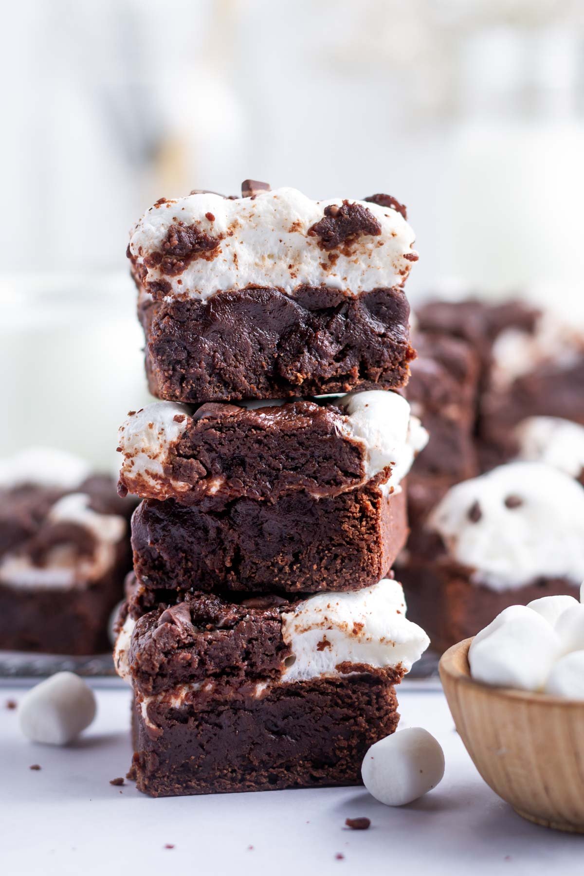 stack of three brownies with mini marshmallows