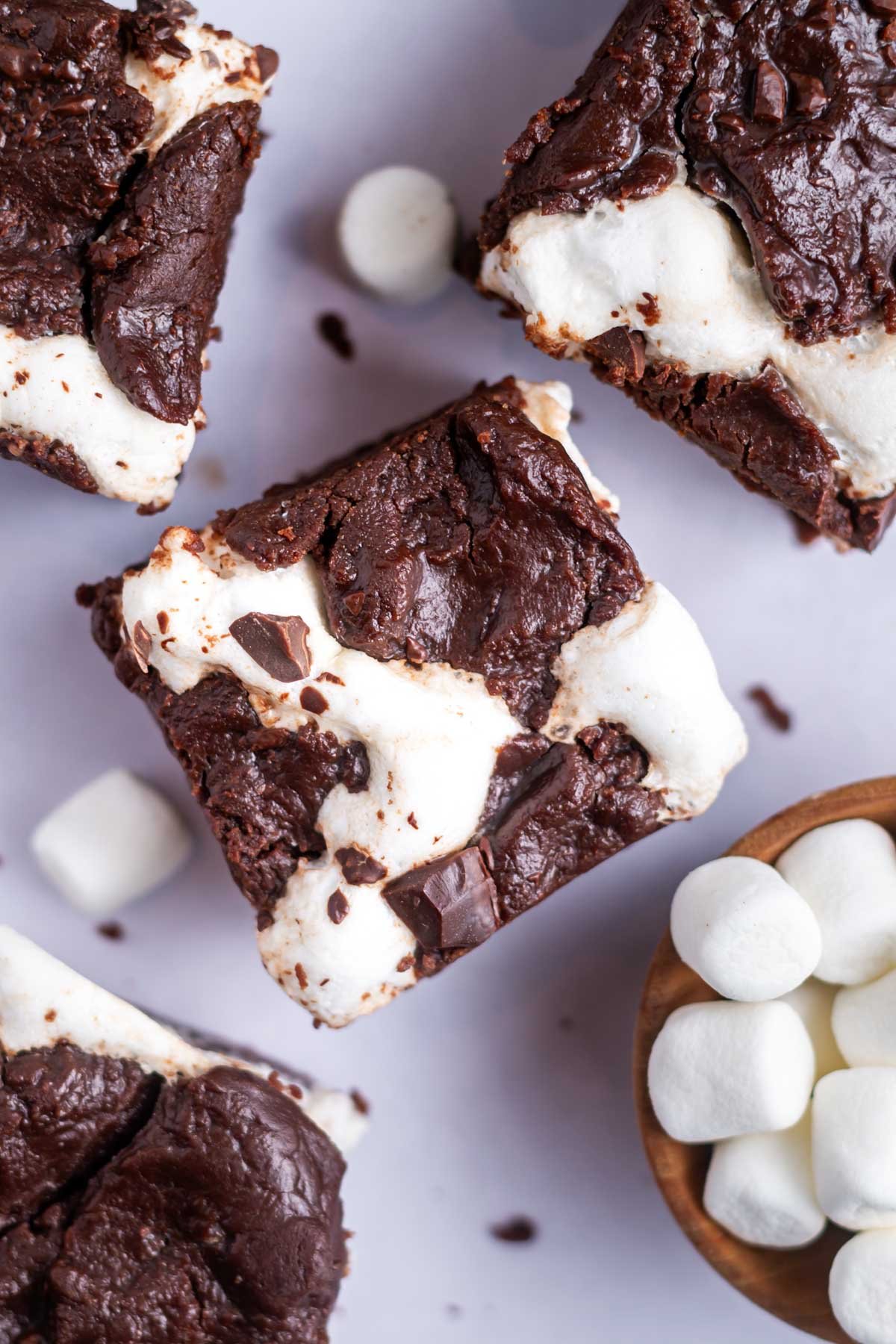 downward look at brownies with a bowl of marshmallows