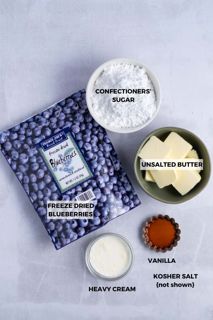 ingredients needed for blueberry frosting.