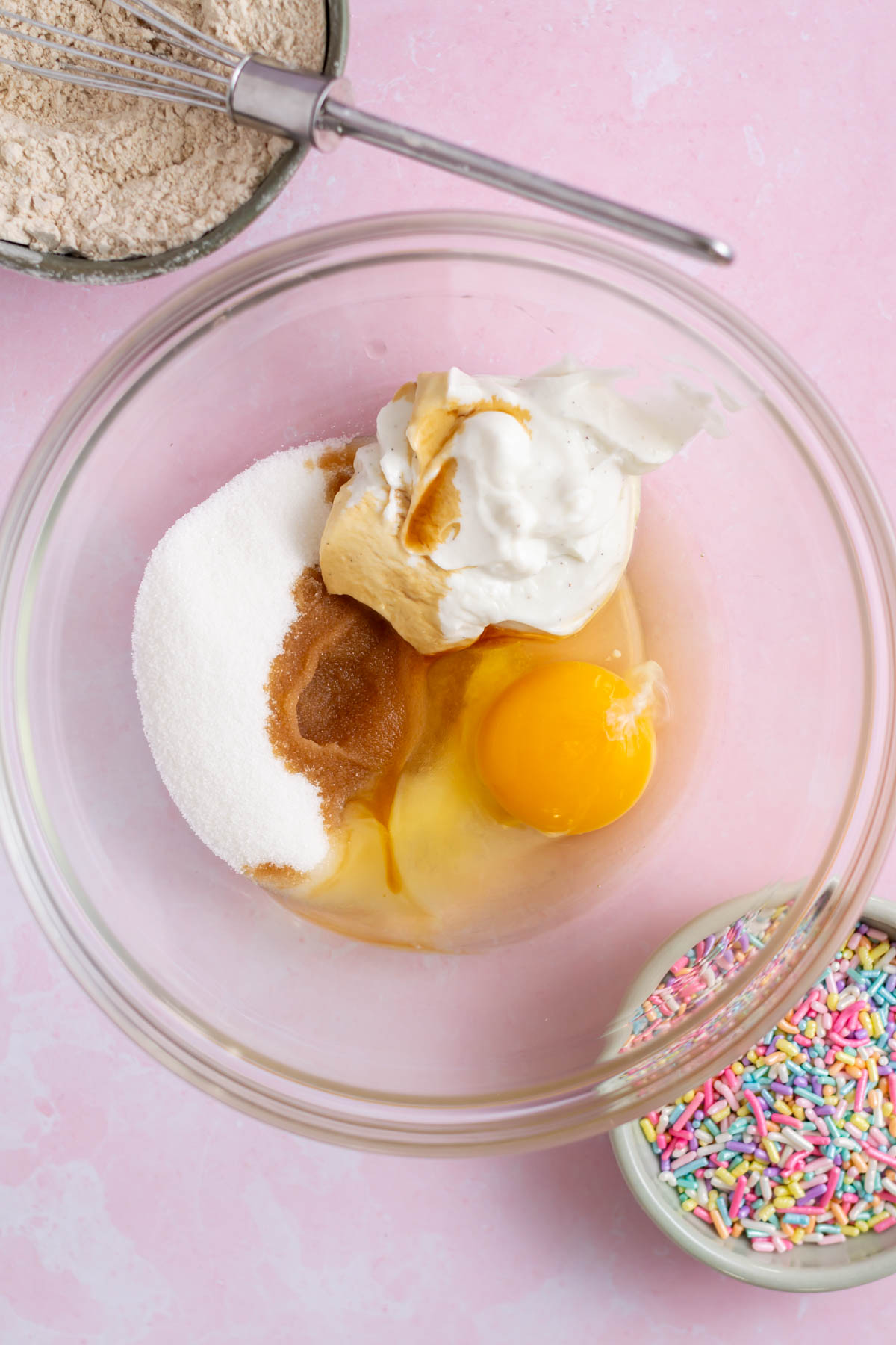 granulated sugar, Greek yogurt, egg and vanilla in a mixing bowl