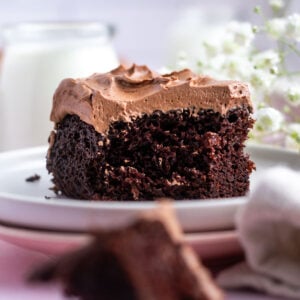 slice of chocolate snack cake on a plate with a bite missing