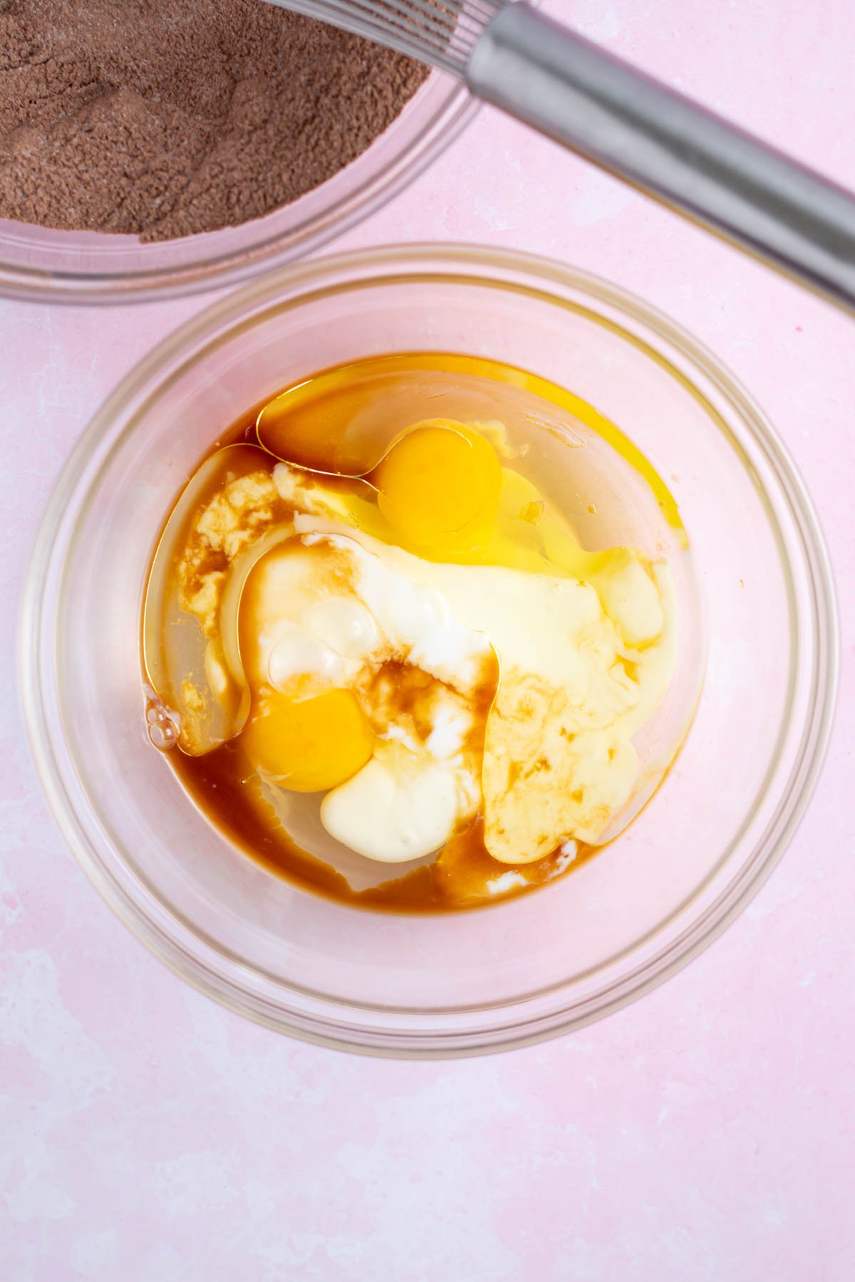 eggs, buttermilk, vanilla and oil in a mixing bowl