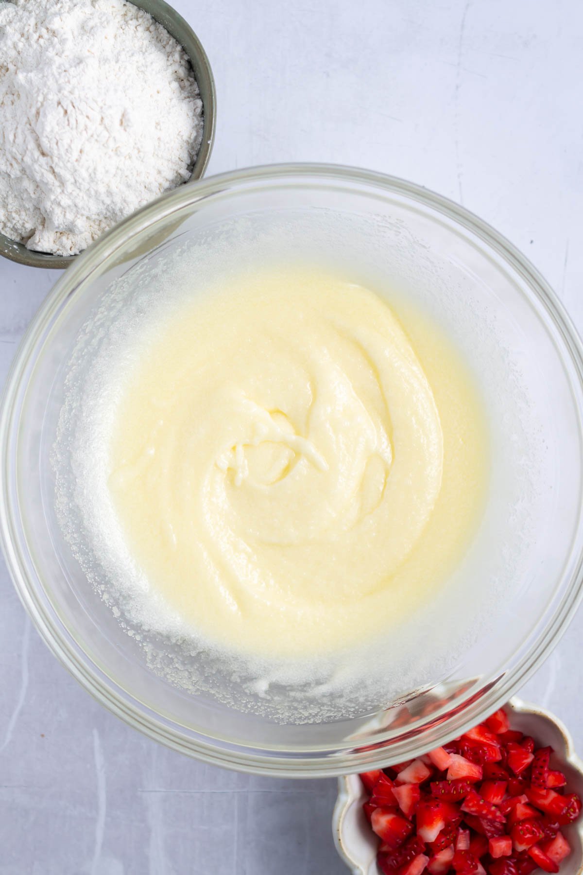 sugar and melted butter whisked together in a mixing bowl
