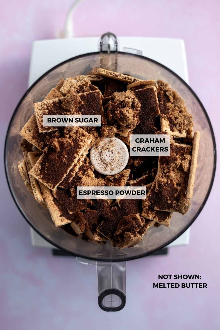 ingredients for espresso graham cracker crust in a food processor bowl
