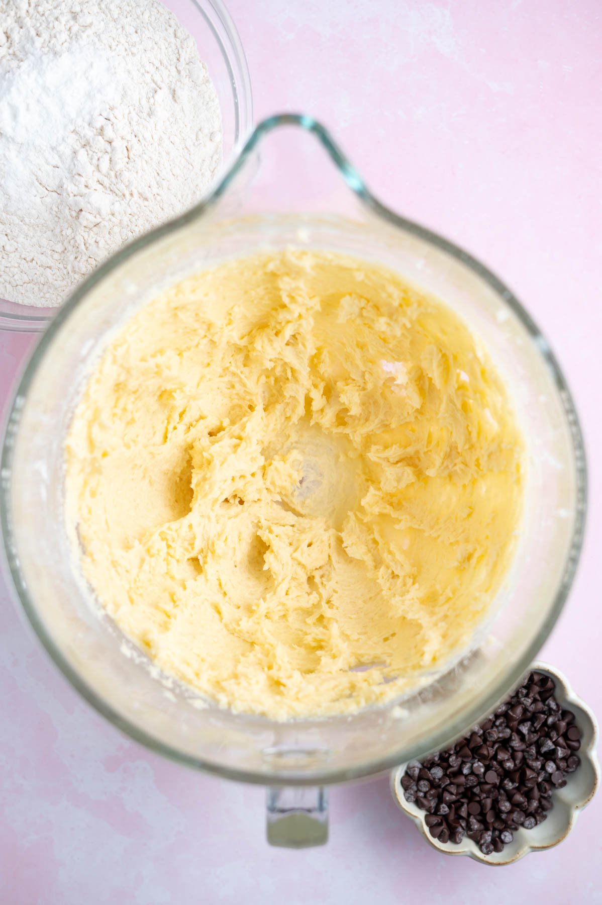 butter, sugar, and eggs creamed together in a mixing bowl