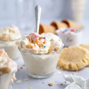 sugar cookie ice cream in a serving dish with a spoon
