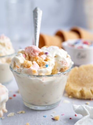 sugar cookie ice cream in a serving dish with a spoon