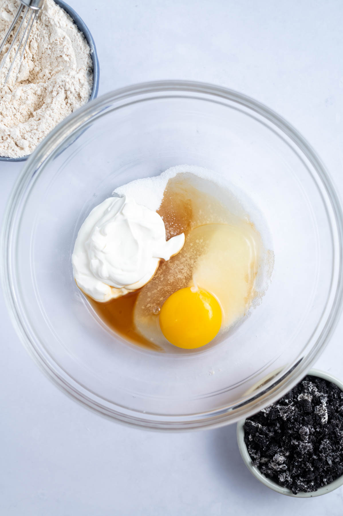 sugar, greek yogurt, egg, and vanilla in a mixing bowl