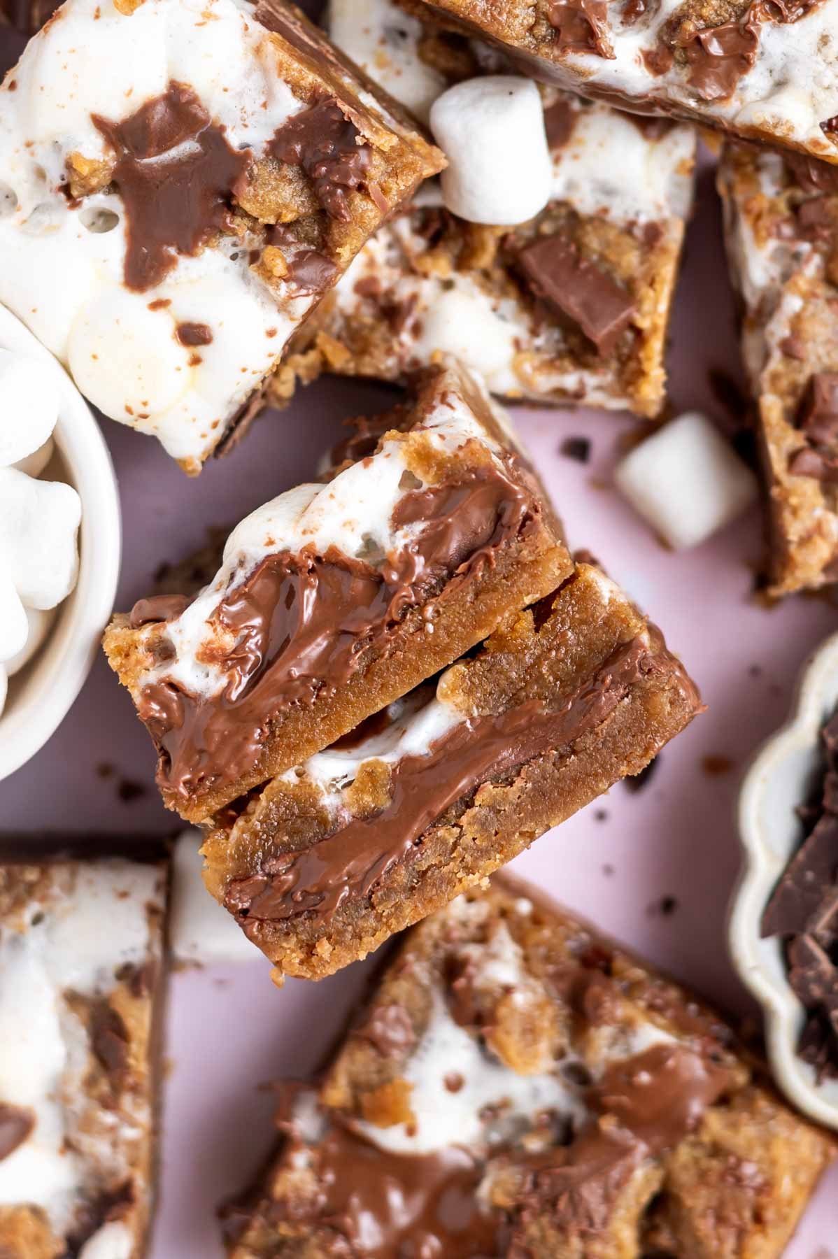 melty chocolate centers in smores cookie bars