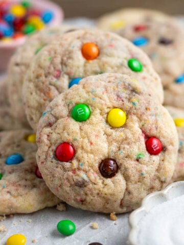 m&m sugar cookies with a bowl of mini candies