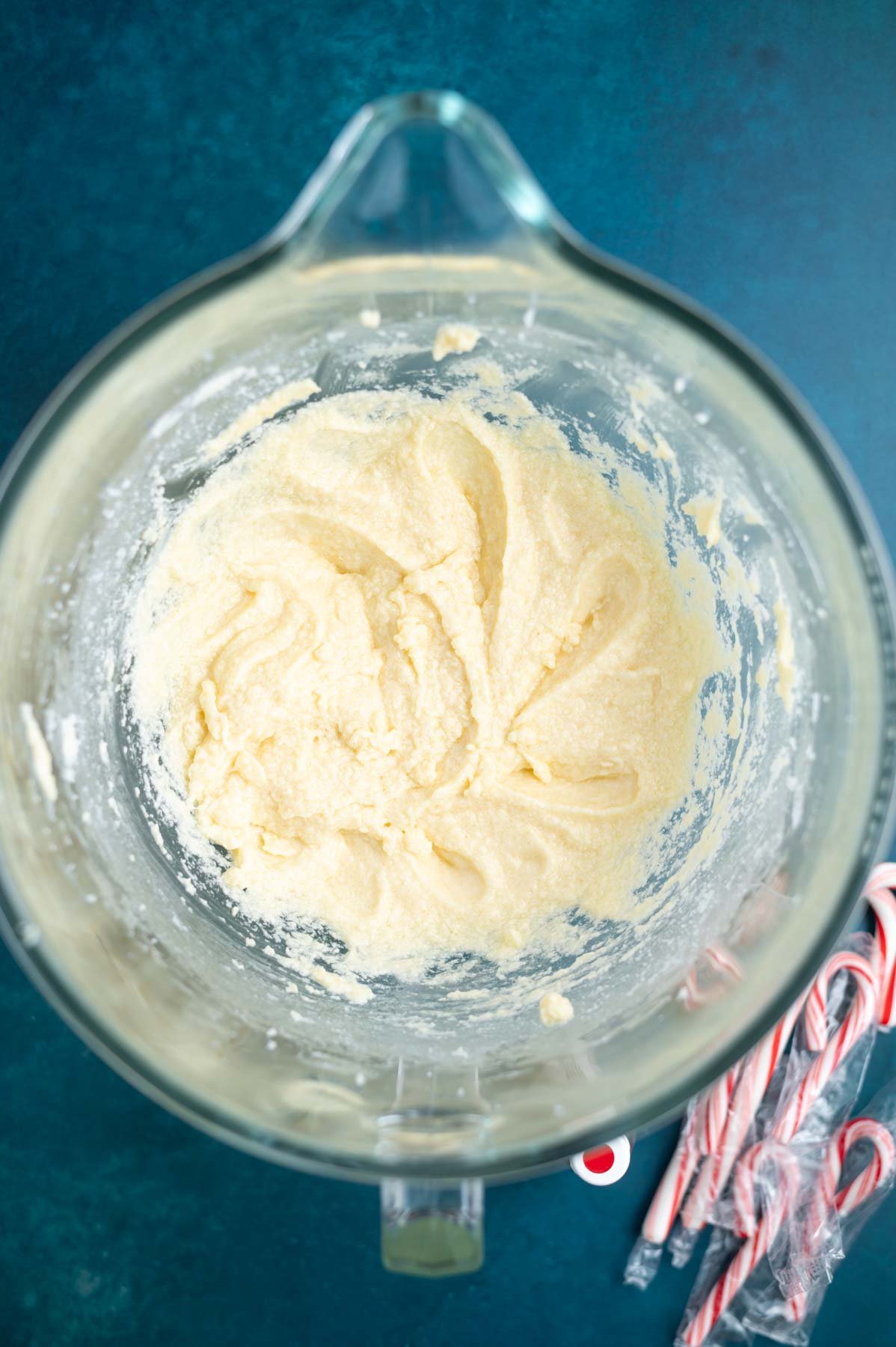 candy cane cake batter in a mixing bowl before flour is added