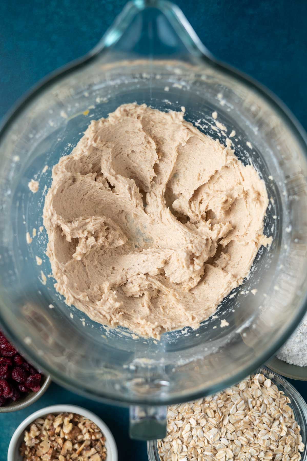 cookie dough in a mixing bowl before the dry ingredients are added