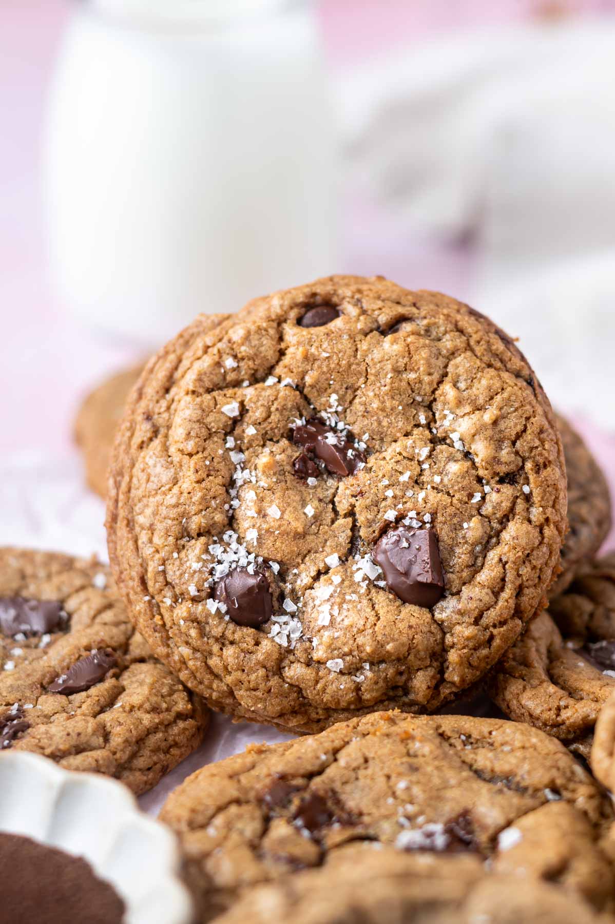 espresso chocolate chip cookies with a glass of milk