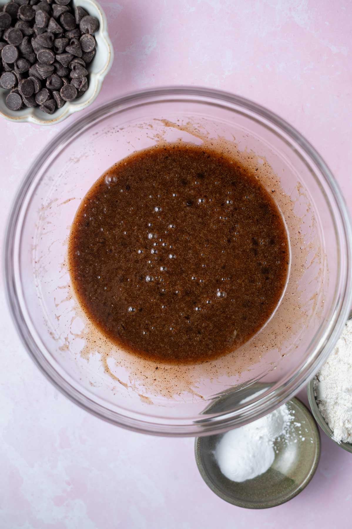 cookie dough in a mixing bowl before dry ingredients are added