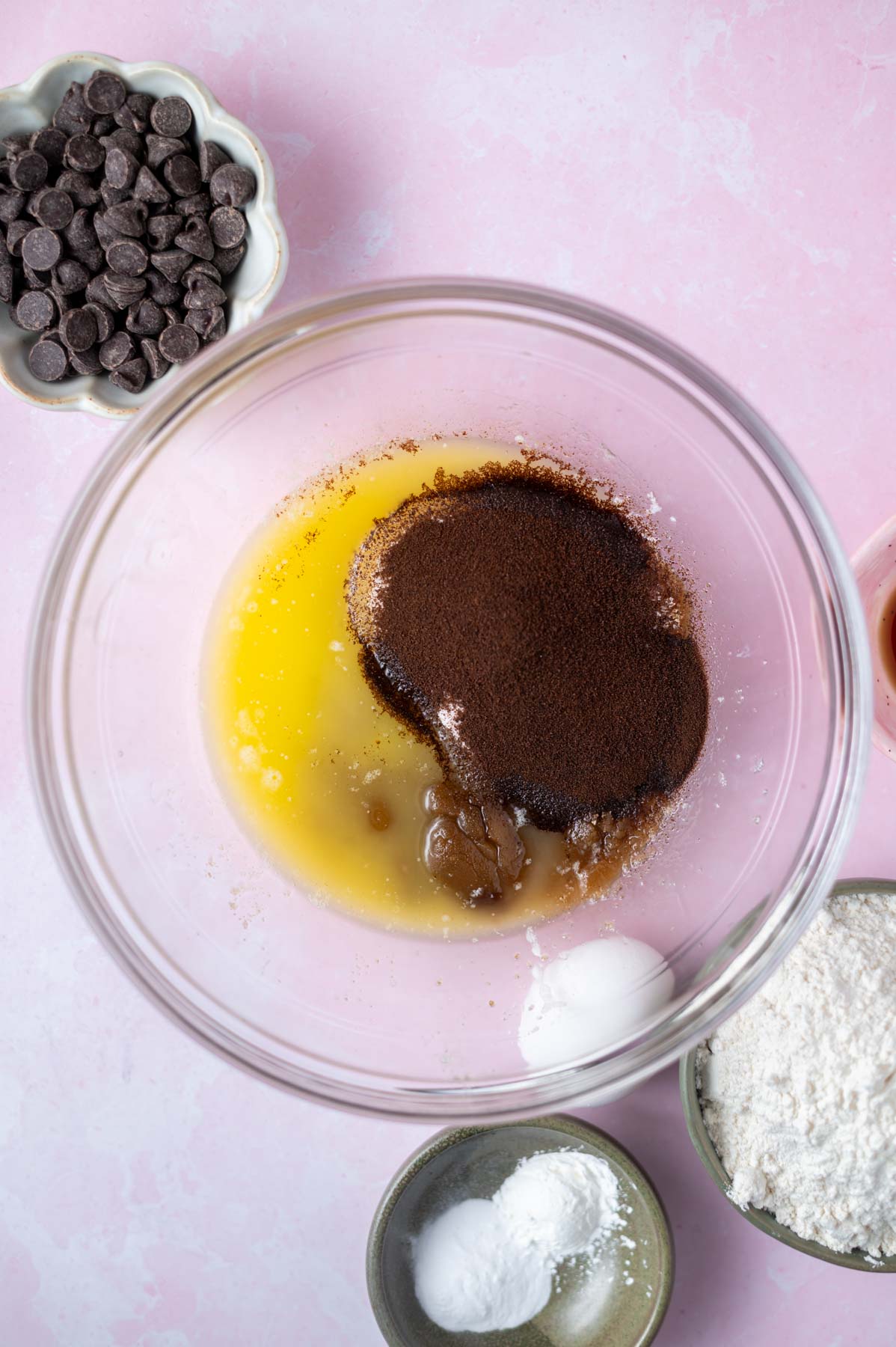 melted butter, sugars, salt and espresso powder in a bowl