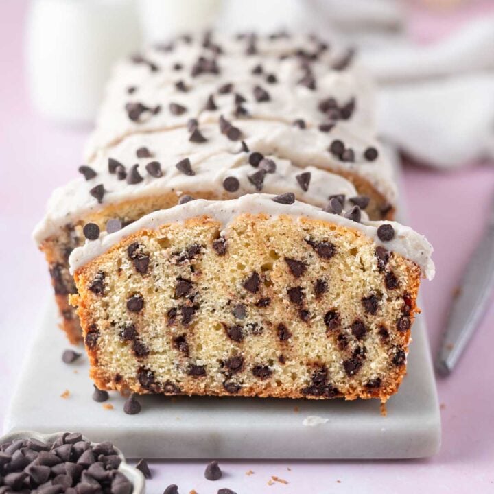 chocolate chip loaf cake slices on a marble board