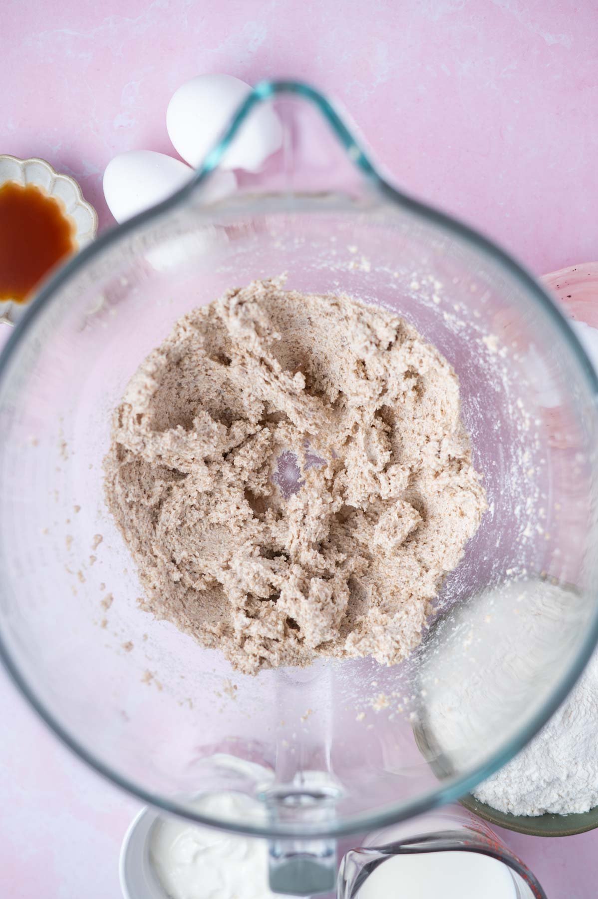 brown butter and sugars creamed together in a mixing bowl