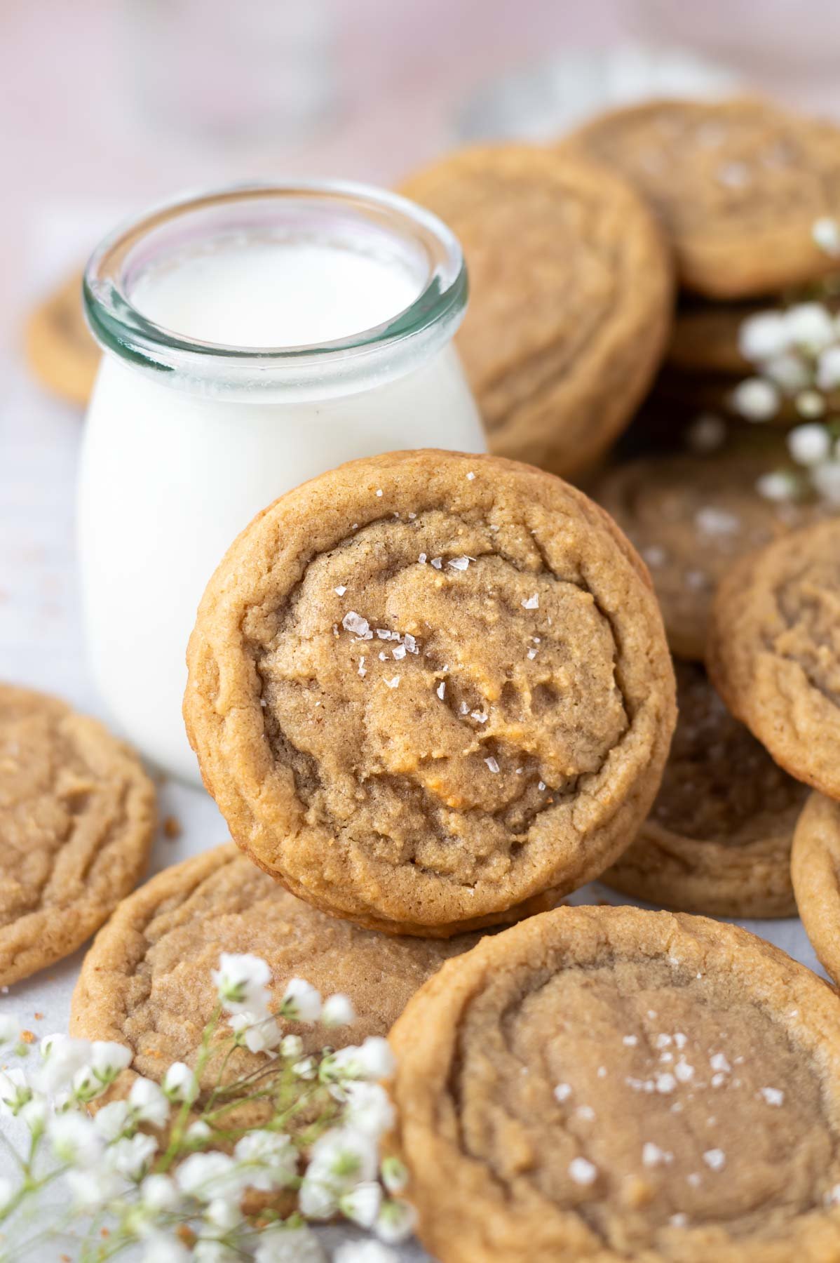 chocolate chipless cookie leaning up against a glass of milk with more cookies piled around