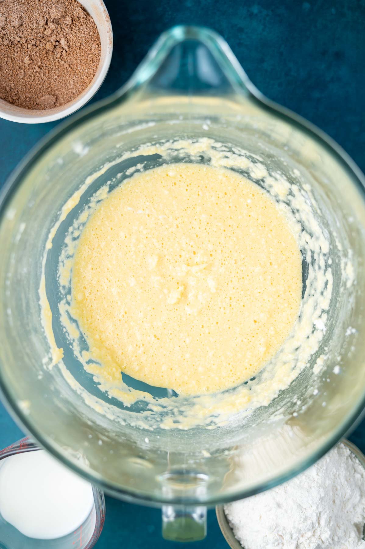 cake batter after eggs and sour cream have been mixed into the butter and sugar