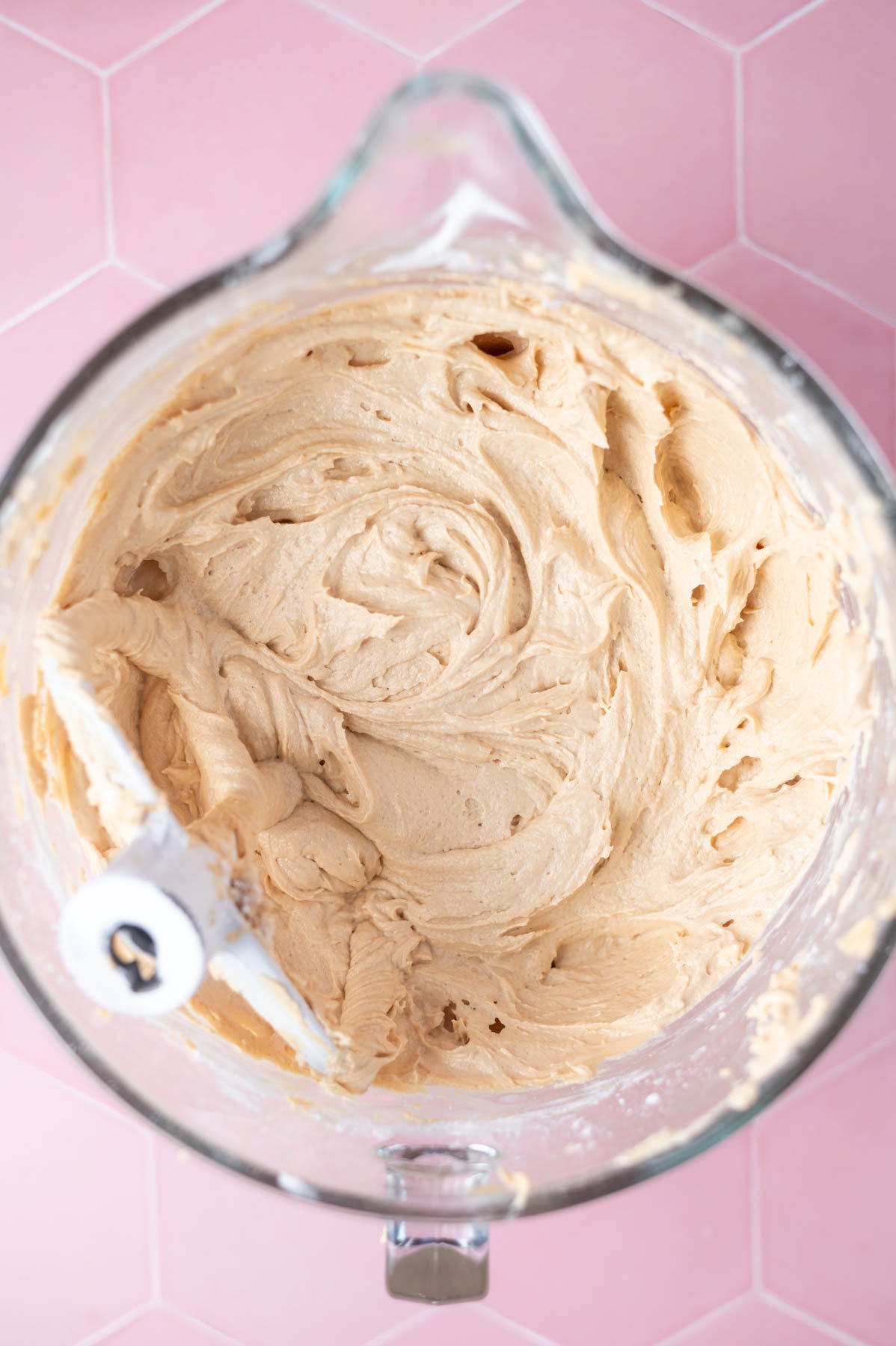 peanut butter filling after milk and vanilla has been added in a mixing bowl