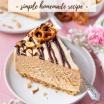 slice of peanut butter pretzel pie on a plate with a fork and a bowl of peanuts and fresh flowers in the background with pinterest text overlay