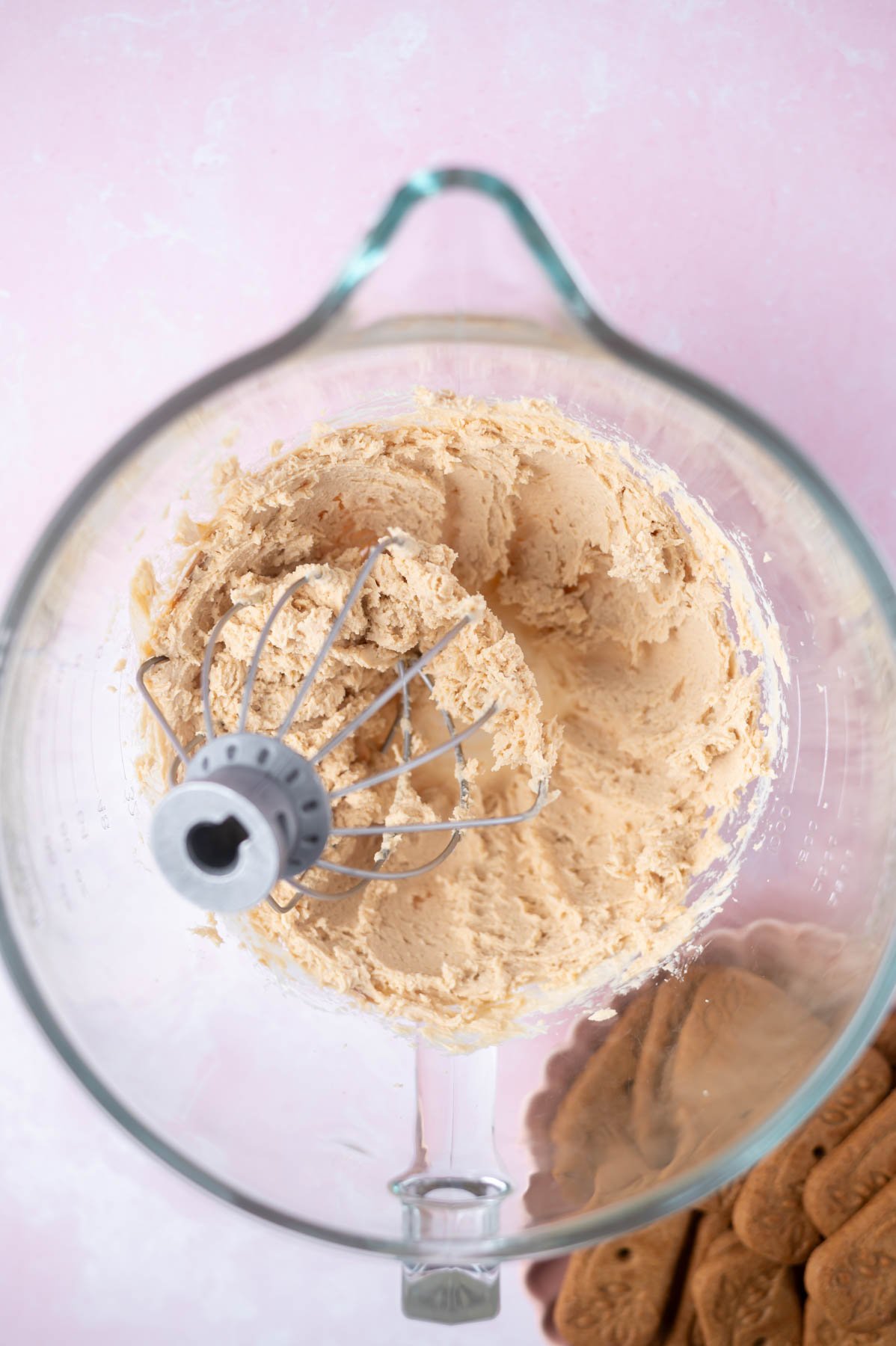 mascarpone, vanilla and cookie butter whisked together in a mixing bowl