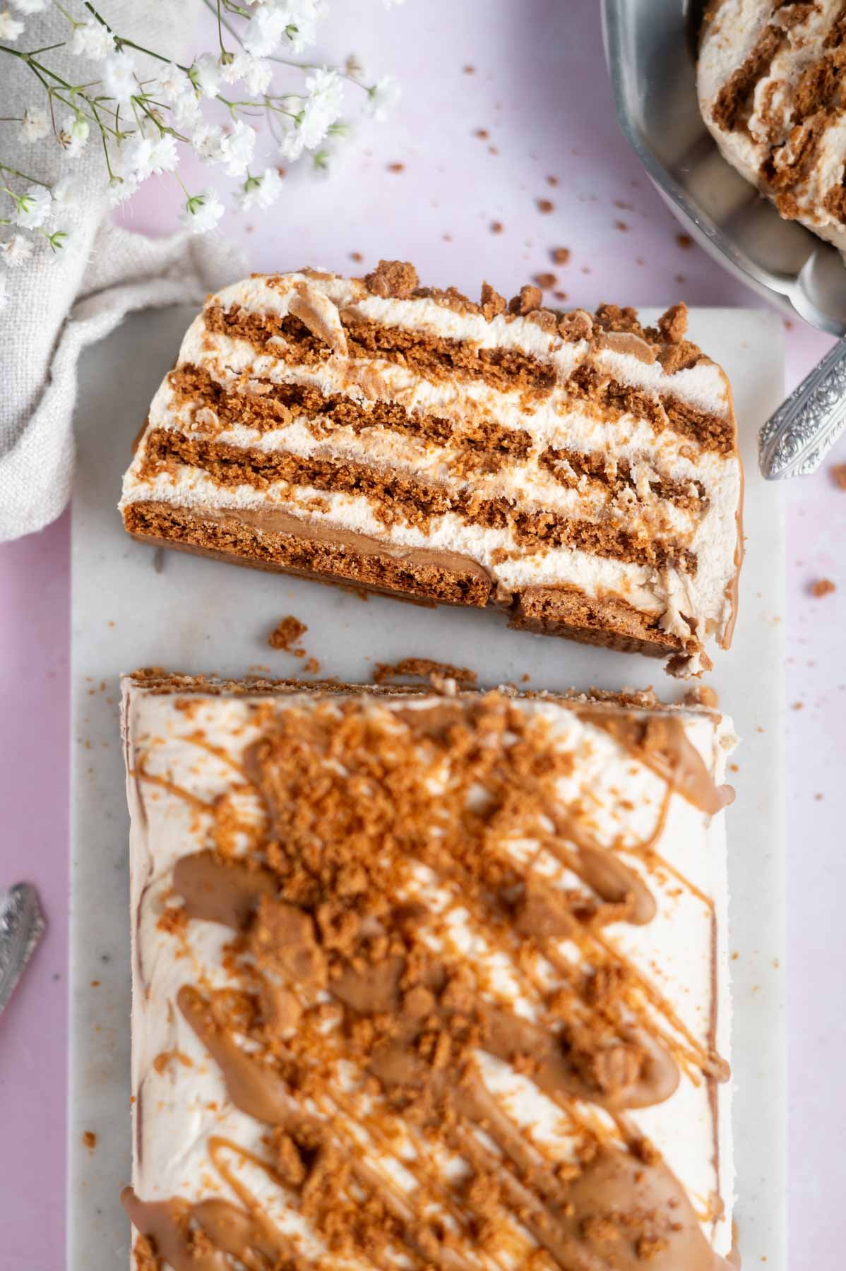 a slice of icebox cake cut from the cake