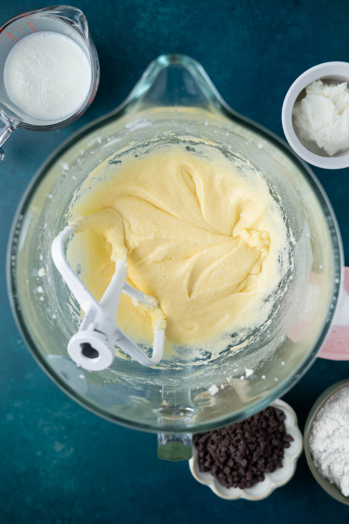 fluffy cake batter in a mixing bowl