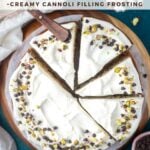 pinterest image for cannoli cake