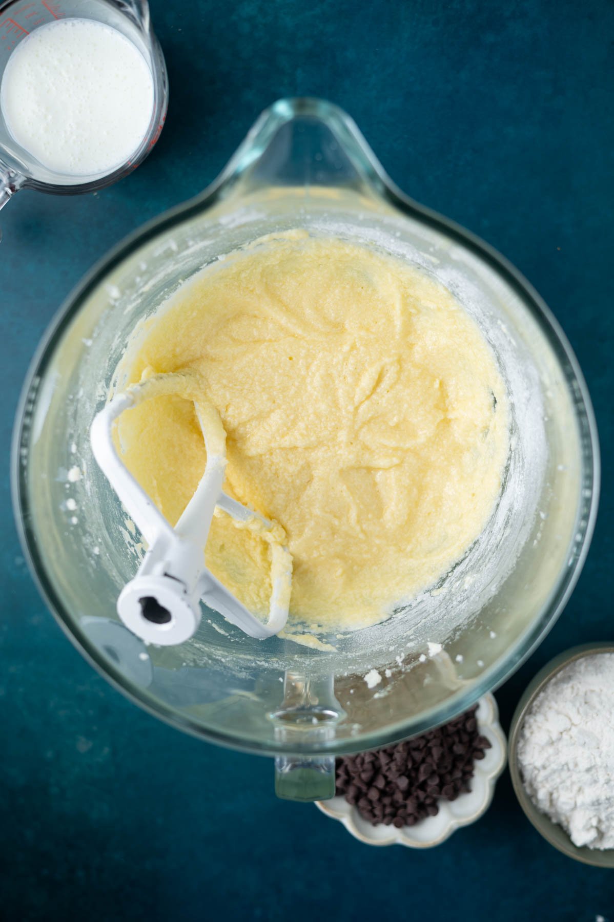 cake batter after ricotta has been added; batter looks slightly curdled