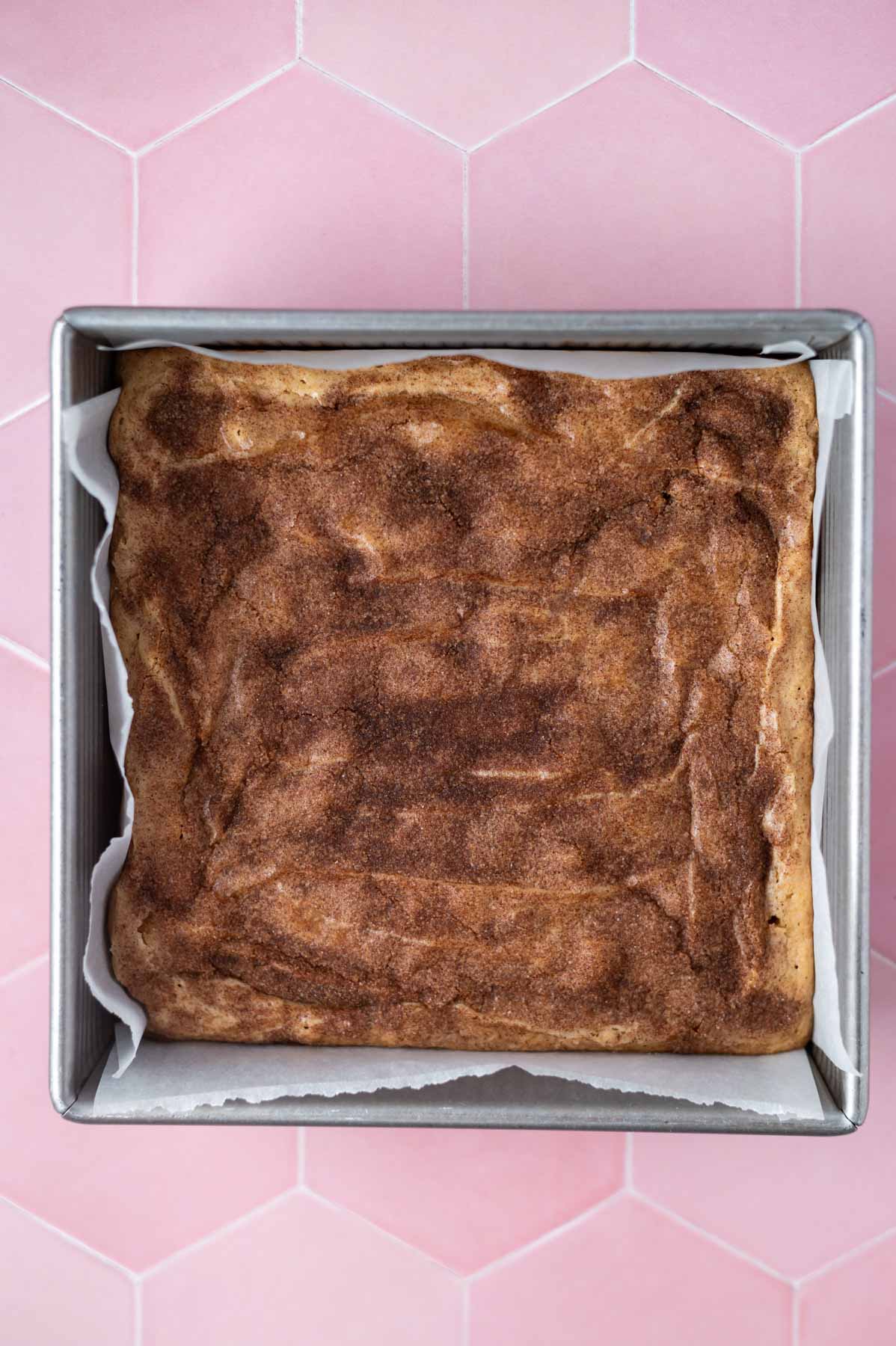 baked snickerdoodle cookie bars in a baking pan