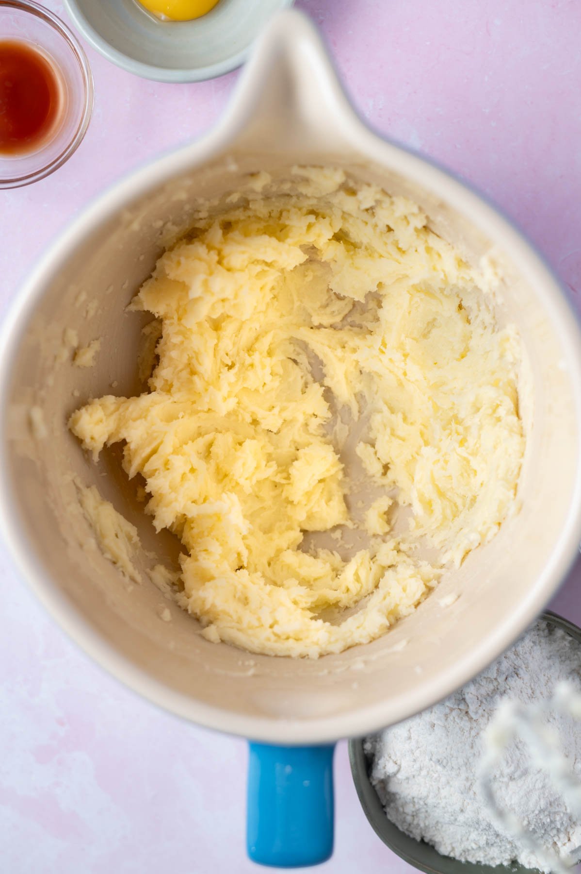 creamed butter and sugars in a mixing bowl
