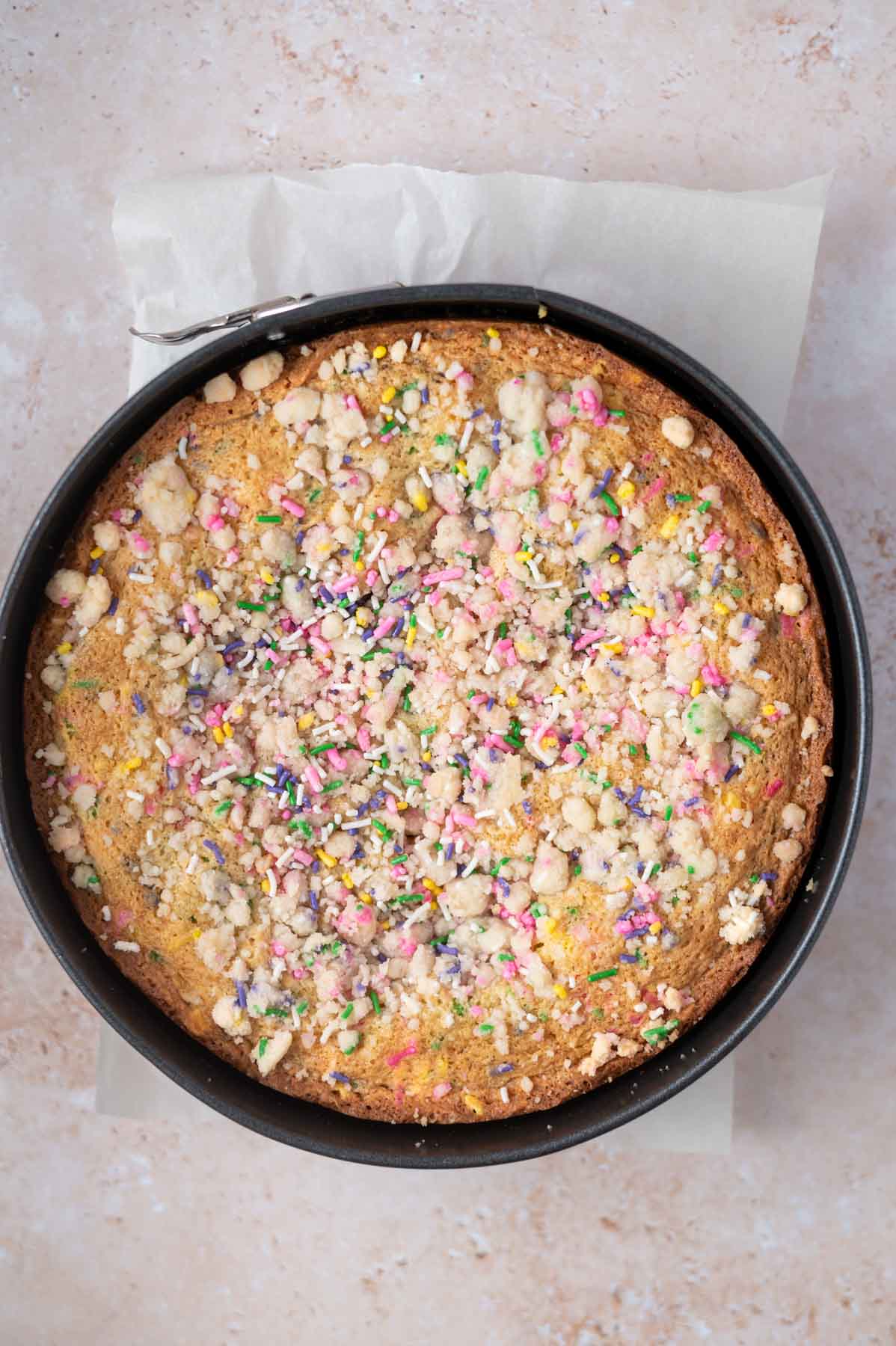 baked sprinkle cake in a baking pan