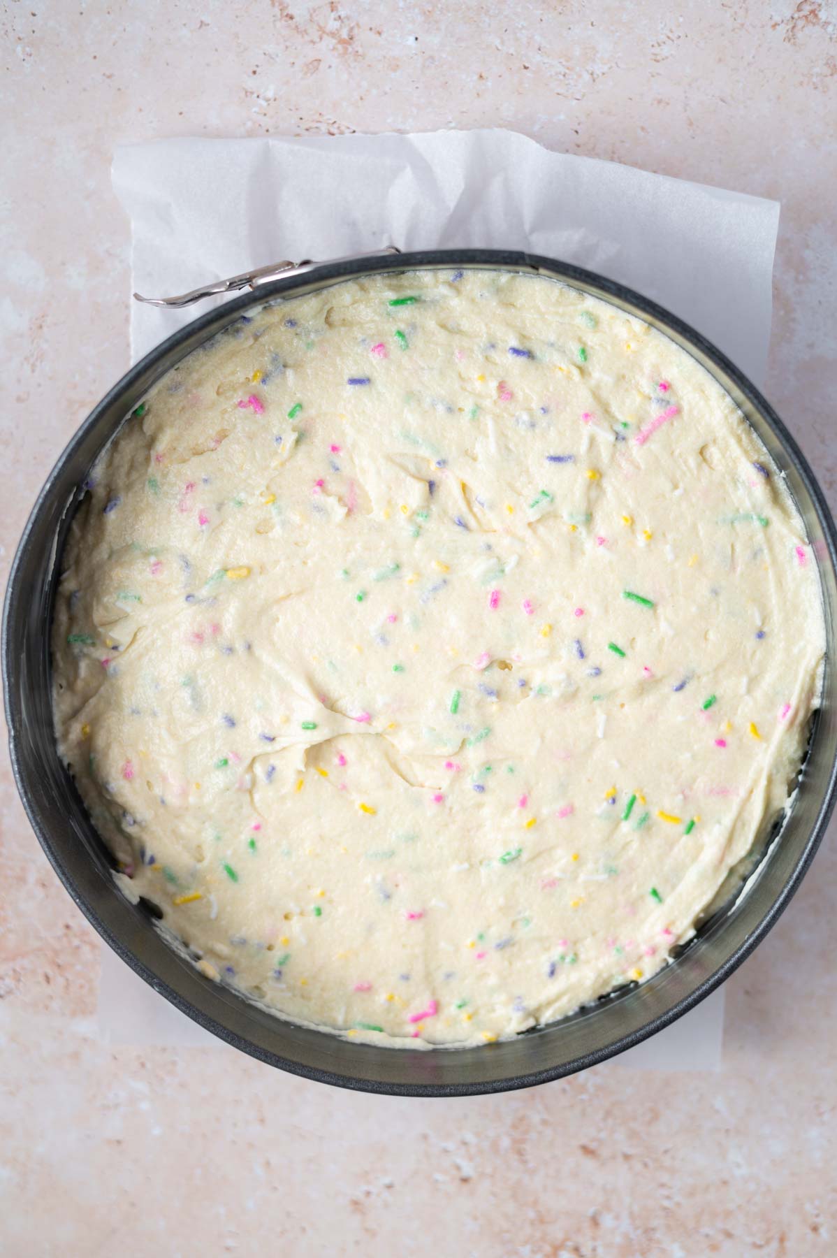 cake batter in a baking pan