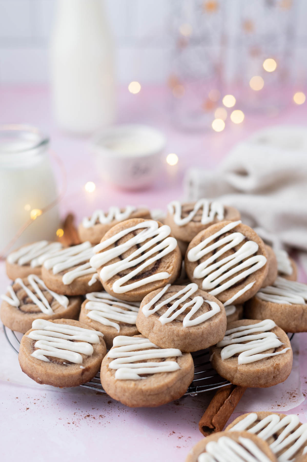 cinnamon roll cookies on a cooling rack