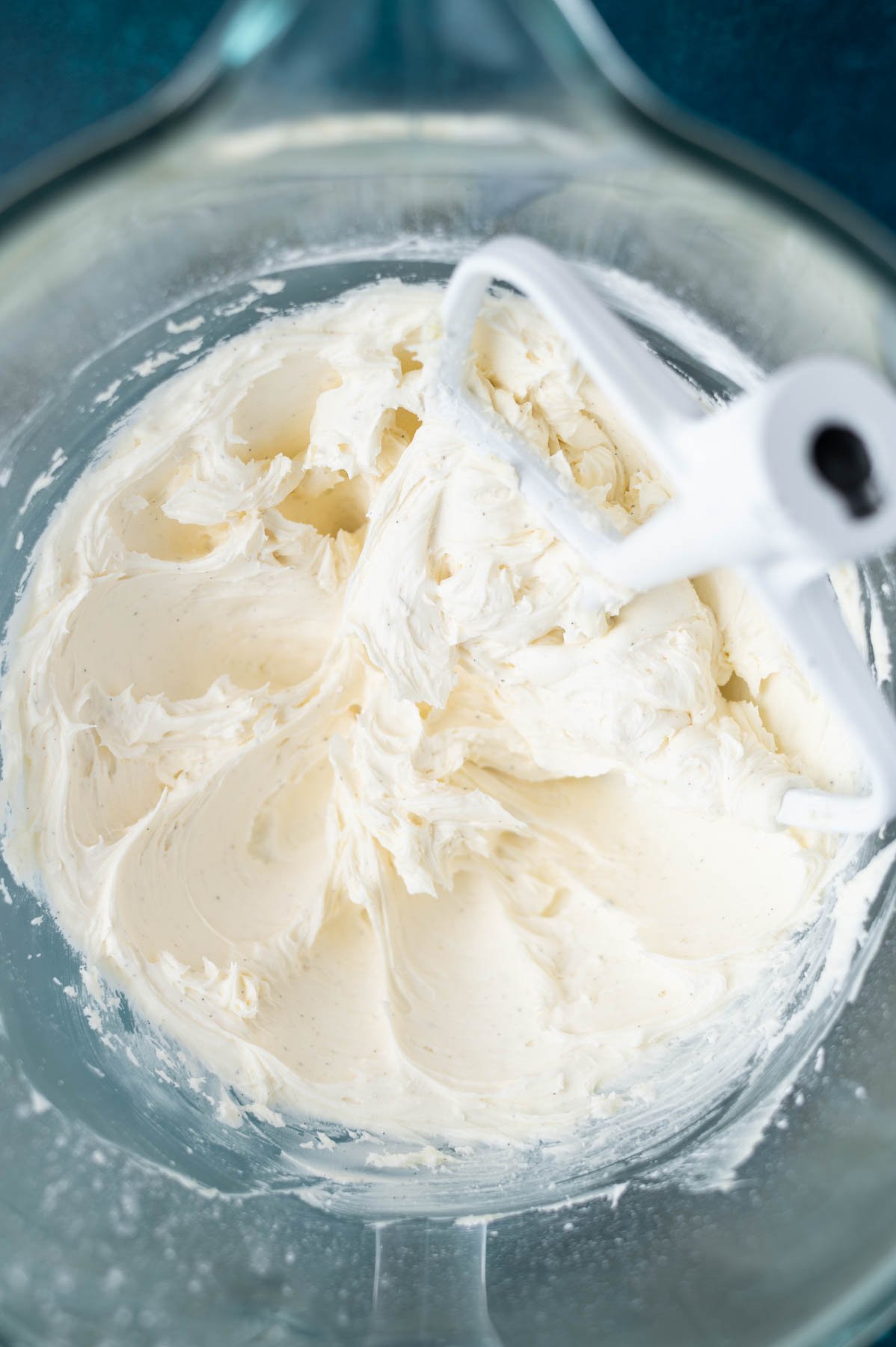 vanilla bean buttercream in a mixing bowl
