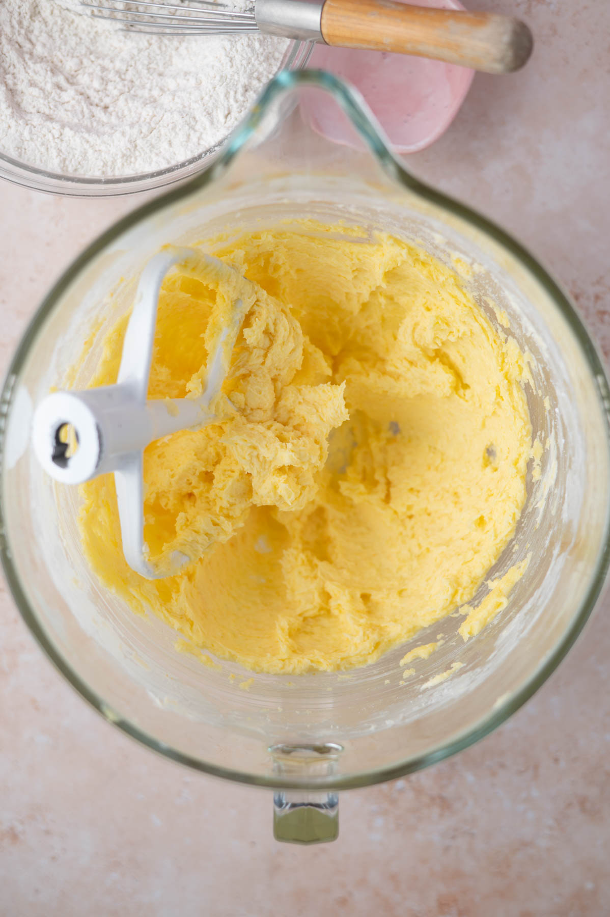 butter, sugars, zest, juice and eggs creamed together in a mixing bowl