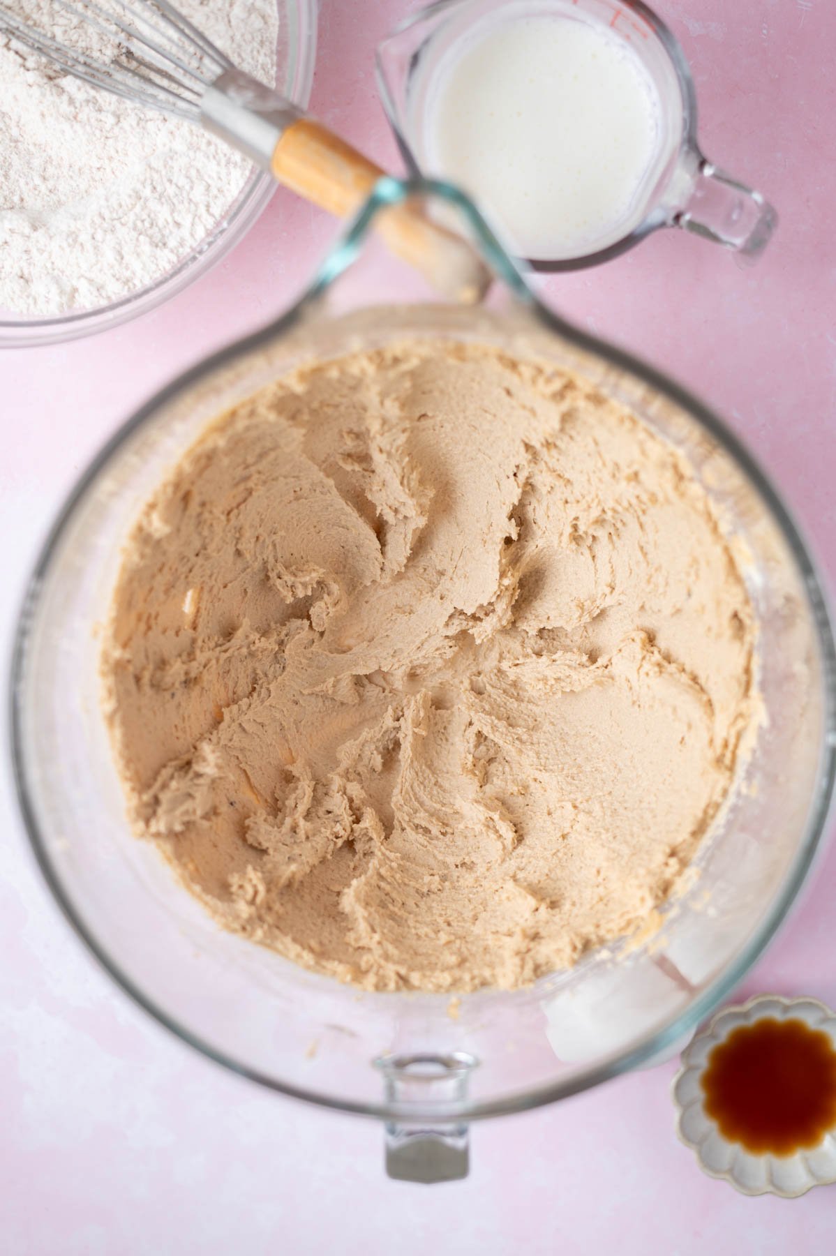 butter an sugars beaten together in a mixing bowl